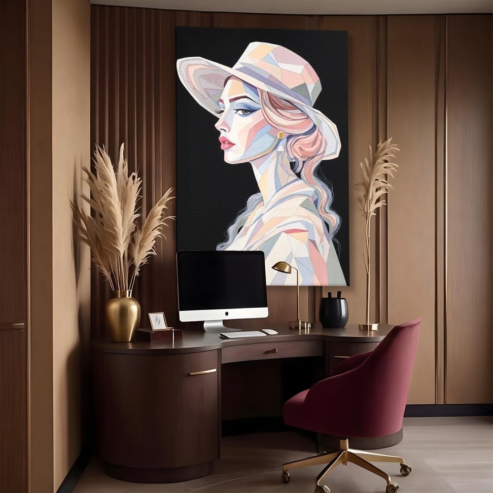 Tablou canvas cu tablou canvas cu femeie in stil cubist, fara rama, pe sasiu de lemn, pe perete intr-un birou